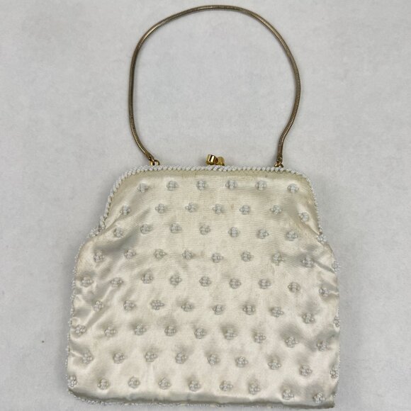 Vintage Womens White Beaded Geometric Floral Evening Bag Small Clutch Purse HK - Picture 2 of 12